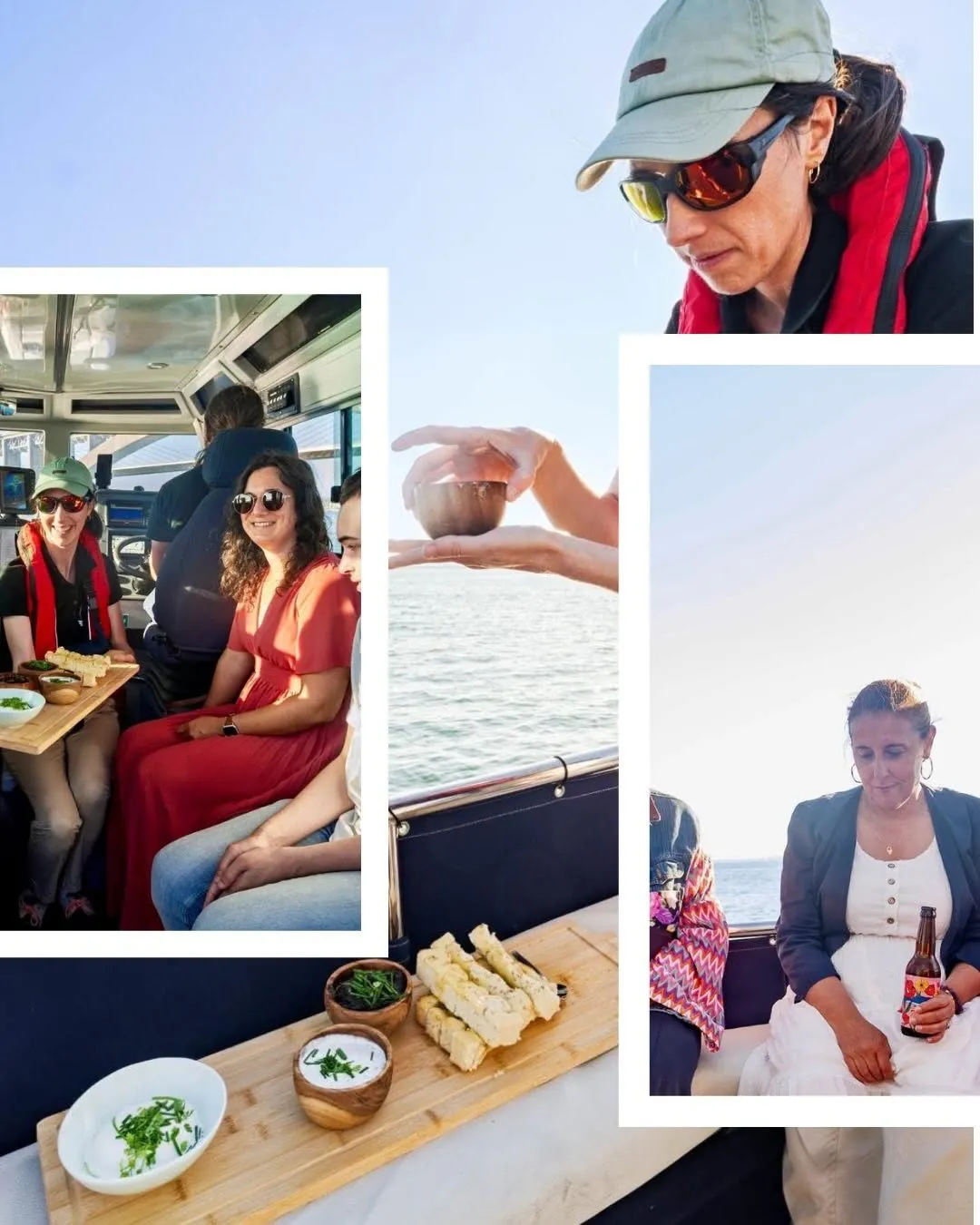 Collage de photos d'un apéritif à bord : verres, planche et passagers souriants