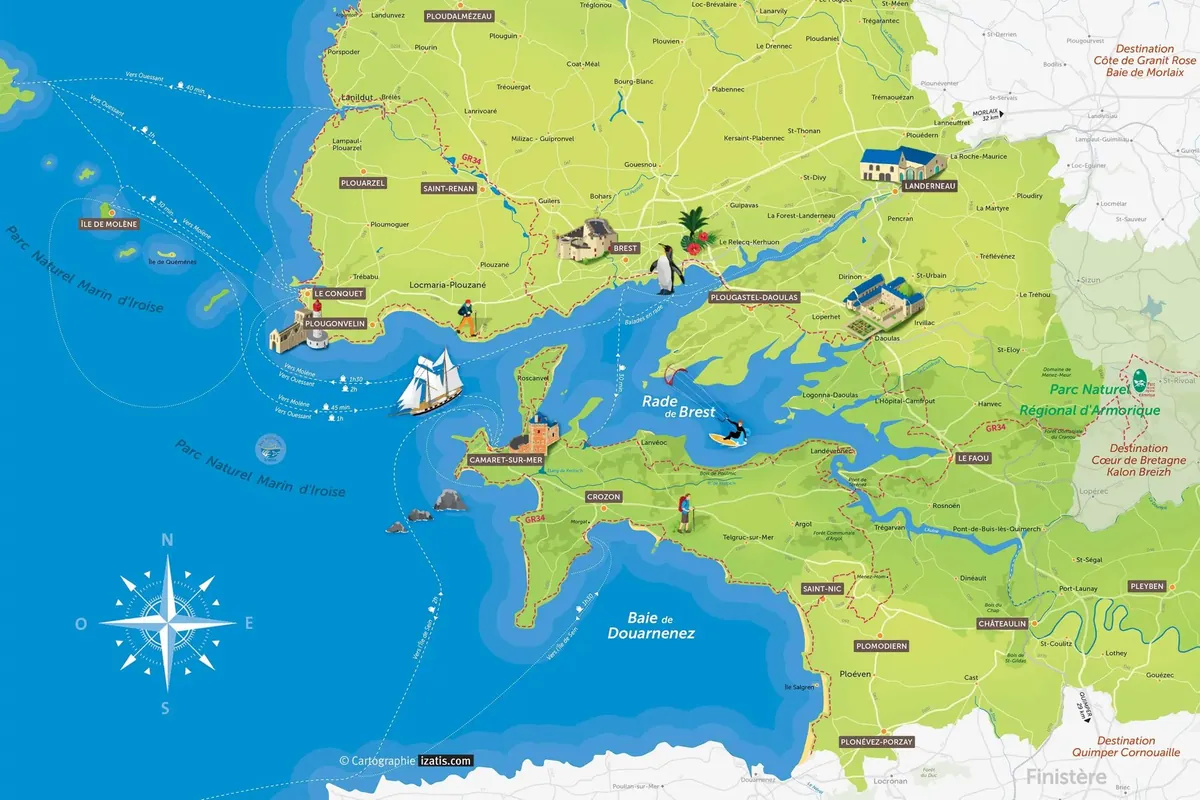 Carte illustrée du Finistère, de la rade de Brest aux îles de Molène et d'Ouessant